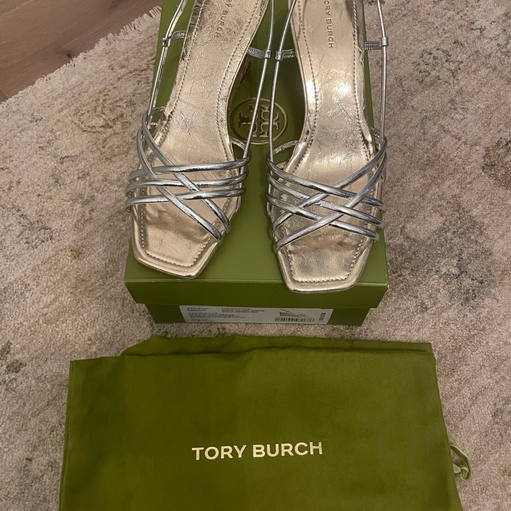 NWT Tory Burch Metallic Silver Strappy Heels size 9